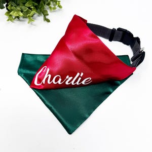 Custom Dog Satin Bandana, Christmas Red Green Dog Bandana Over the Collar, Holidays Dog Bandana, Custom Name Bandana, Dog lover Gift