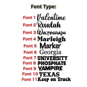 Op de afbeelding: Op een witte achtergrond wordt een lijst van elf lettertypen weergegeven. Elk lettertype is voorzien van een nummer en een voorbeeldwoord. De lettertypen zijn Valentime, Risalah, Waltograph, Marleigh, Marker, Georgia, UNIVERSITY, PHOSPHATE, VAMPIRE, TEXAS en Keep on Truck.