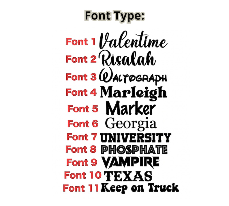 Op de afbeelding: Op een witte achtergrond wordt een lijst van elf lettertypen weergegeven. Elk lettertype is voorzien van een nummer en een voorbeeldwoord. De lettertypen zijn Valentime, Risalah, Waltograph, Marleigh, Marker, Georgia, UNIVERSITY, PHOSPHATE, VAMPIRE, TEXAS en Keep on Truck.