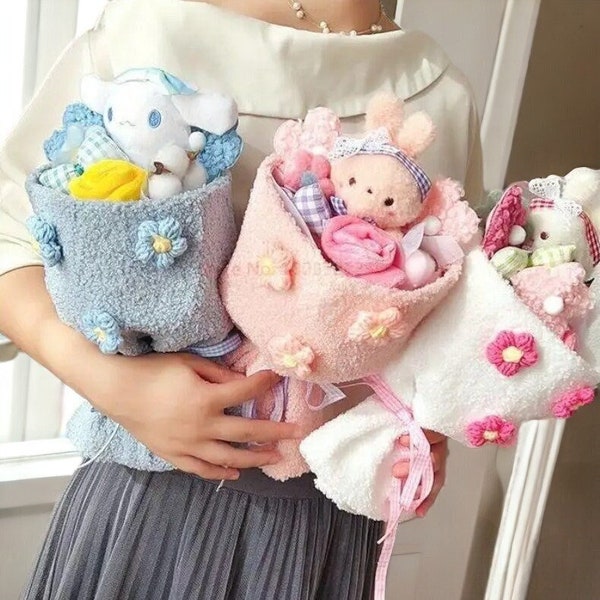 Sanrio Bunny Bouquet | My Melody Kuromi, Sanrio, pompompuring, Anniversary Gift, Crochet, Floral, Gifts for Her, roses, Knitted Gift,