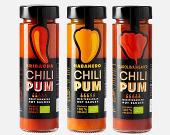 CHILIPUM - Pack Salsas Picantes | Salsas Sriricha, Habanero y Carolina Reaper | Mediterráneas y 100% Ecológicas | Pack 3 unidades de 150 gr