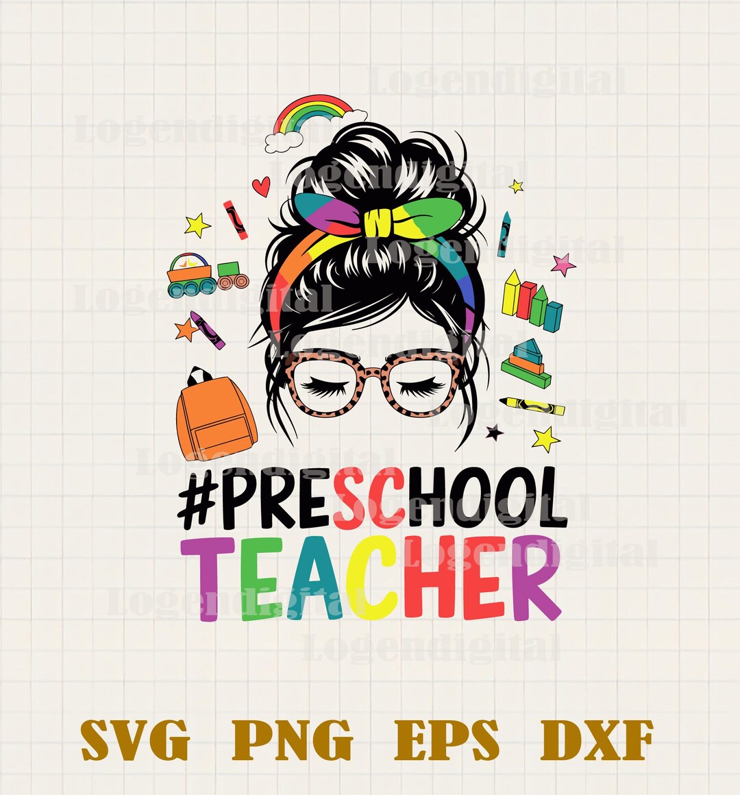Preschool Teacher Messy Bun SVG, Teacher Pencil Colorful Svg, Preschool ...