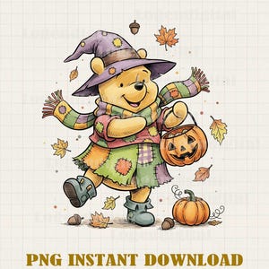 May include: A whimsical illustration of a bear dressed for Halloween. The bear wears a purple witch hat, a patchwork dress, and a scarf. It carries a jack-o'-lantern bucket and is surrounded by autumn leaves and acorns. The text "PNG INSTANT DOWNLOAD" is at the bottom.