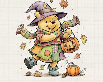 Pooh Bear patchwork Halloween png-sublimatie, herfstbeer png, Pooh Bear heksen Halloween-sublimatie png
