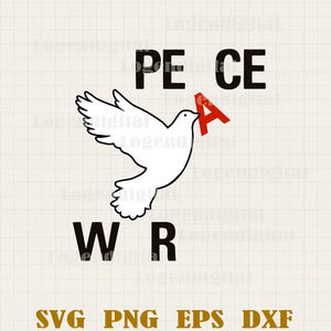May include: A white dove carrying a red letter 'A' in its beak. The dove is flying towards the word 'PEACE' in black letters. Below the dove is the word 'WAR' in black letters. The image is on a white grid background.
