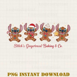 May include: A digital illustration featuring four gingerbread-style Stitch characters. Each character has a unique design, including a candy cane, Santa hat, whipped cream, and a star. The text "Stitch's Gingerbread Baking & Co." is displayed below the characters, with "PNG INSTANT DOWNLOAD" at the bottom.