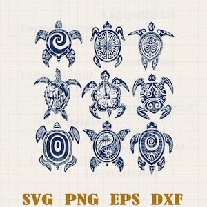 May include: Nine navy blue turtle designs with intricate patterns on a cream background. The turtles feature spiral, geometric, and floral motifs. The image also includes the text "SVG PNG EPS DXF" in gold.