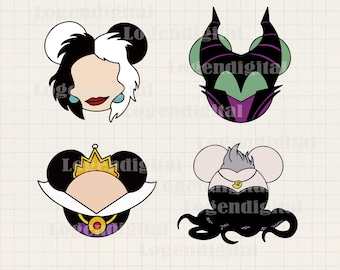 Disney Villain Mickey Head Bundle Svg, Disney Villain Svg, Halloween Evil Queen Maleficent Ursula Crudelia Svg Digital Cut File