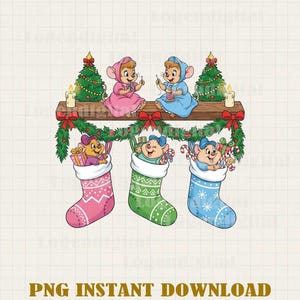 May include: A festive illustration featuring cartoon mice in pink and blue outfits, sitting on a wooden shelf with Christmas trees and candles. Below, three decorated stockings are filled with gifts and candy canes. The image includes the text "PNG INSTANT DOWNLOAD".