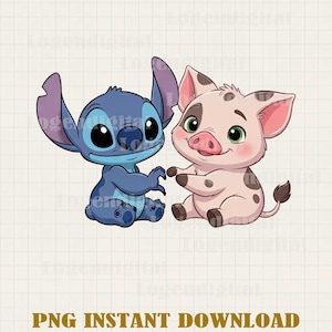 Op de afbeelding: Een digitale illustratie met de personages Stitch en Pua uit de film Lilo & Stitch. Stitch, een blauwe alien, en Pua, een roze varken, zitten samen. De tekst "PNG INSTANT DOWNLOAD" is goudkleurig.