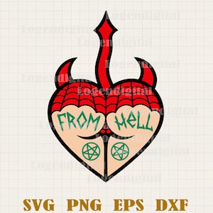 Puede incluir: Una ilustración gráfica de una figura en forma de corazón con cuernos de diablo rojos y una cola puntiaguda. La parte superior presenta un patrón de telaraña roja, mientras que la sección inferior muestra el texto verde FROM HELL y dos pentagramas verdes.