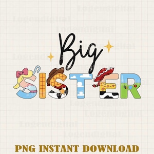 以下が含まれることがあります： 「Big Sister」の文字がカラフルで遊び心のあるデザインで描かれたデジタルグラフィック。文字は漫画のキャラクターをテーマにしており、下部には「PNG INSTANT DOWNLOAD」の文字があります。