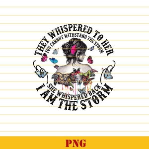 Pode incluir: Um design gráfico preto e branco com uma mulher com borboletas nas costas. O texto diz "Eles sussurraram para ela que você não pode resistir à tempestade, ela sussurrou de volta, eu sou a tempestade".