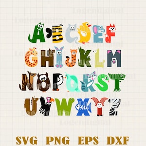 May include: A colorful alphabet with animal illustrations. Each letter is a different color and features a different animal, such as a giraffe, owl, penguin, and fox. The letters are arranged in alphabetical order.