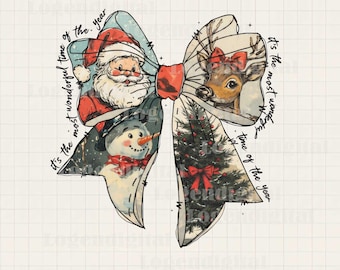 Vintage Christmas Bow PNG, Retro Santa, Reindeer, Snowman Christmas Png, It’s the Most Wonderful Time of the Year Christmas Sublimation Png