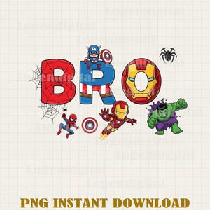 Puede incluir: Gráfico digital con la palabra «BRO» en rojo y azul, decorado con personajes de superhéroes como Spider-Man, Capitán América, Iron Man y Hulk. También se incluye una telaraña y una araña.