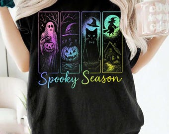 Spooky Season Halloween Neon Comfort Colors T Shirts, Halloween Boo Neon Style T Shirts, Halloween Spooky Black Cat And Witch T Shirt