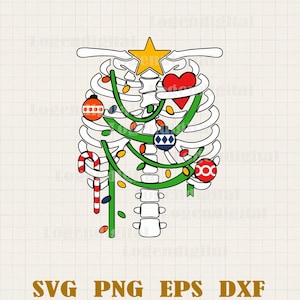 Puede incluir: Ilustración caprichosa de una caja torácica decorada como un árbol de Navidad. El árbol presenta adornos, un bastón de caramelo y una estrella. El texto "SVG PNG EPS DXF" está en la parte inferior.