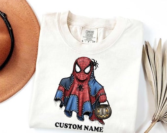Custom Name Spider Superhero Patchwork Ghost Comfort Colors T Shirts, Personalized Name Kids Halloween Shirts, Spider-man T Shirts
