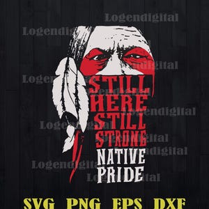 May include: A graphic design featuring a stylized face with red paint around the eyes, a white feather, and the text STILL HERE STILL STRONG NATIVE PRIDE in red and white. The image includes the text SVG PNG EPS DXF at the bottom.