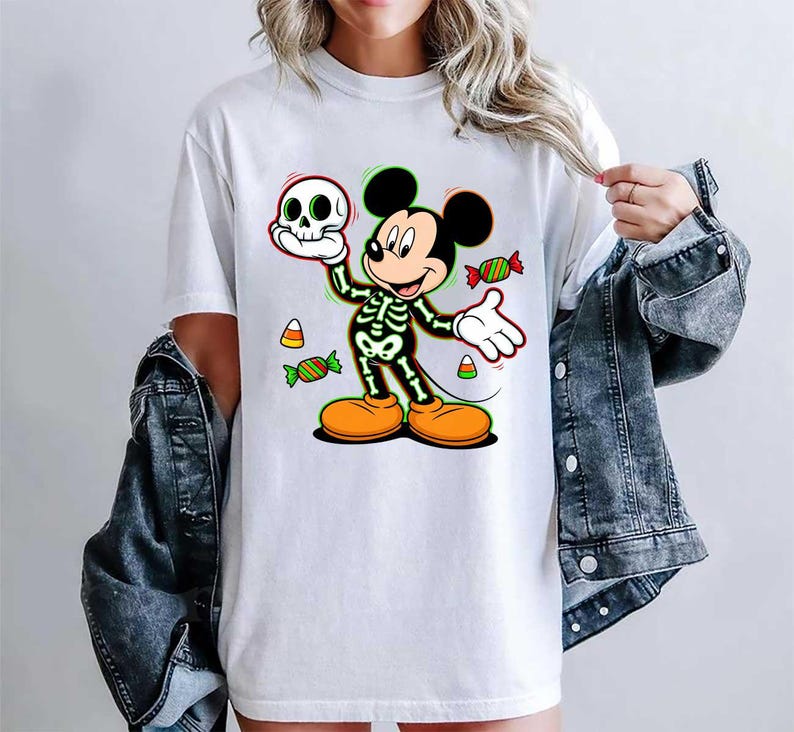 Uroczy neonowy szkielet Halloween Mickey Mouse Png, Cukierek albo psikus Cukierki Disney Sublimacja Png, Kostium Mickey Skeleton Pliki Png zdjęcie 2