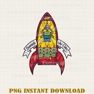 Puede incluir: Un diseño de cohete estilo vidriera con un personaje alienígena verde con uniforme azul, con el texto "Ooooooh the Claw" en pancartas. El cohete es rojo, amarillo y morado, con una colección de alienígenas verdes en la parte inferior.