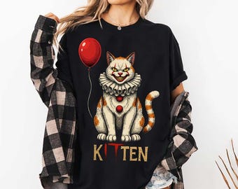 Kitten Horror Movie Comfort Colors T shirts, Horror Cat T Shirts, Kitten Horror Characters Comfort Colors Shirts, Scary Cat with Red Balloon