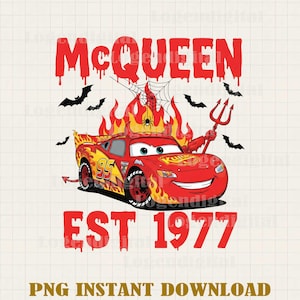 May include: A red cartoon race car with flames, horns, and a trident, labeled "McQueen EST 1977." The image includes bats, a spider web, and the number "95" on the car. The text "PNG INSTANT DOWNLOAD" is at the bottom.