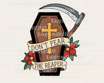 Nie bój się Żniwiarza Svg, Grim Reaper Coffin Tattoo Design Svg, Gothic Halloween Svg Png Dxf Eps pliki Cricut