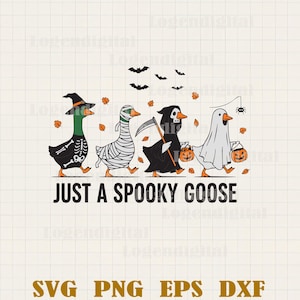 May include: A Halloween-themed graphic featuring four geese in costumes. One goose is dressed as a skeleton, another as a mummy, a third as the grim reaper, and the last as a ghost. The text reads "JUST A SPOOKY GOOSE."