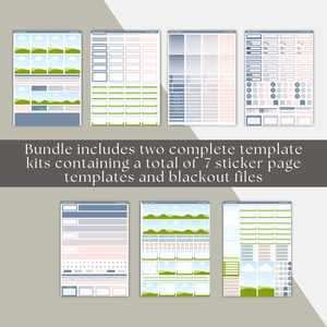 May include: A collection of seven sticker page templates in various designs, including landscape and calendar layouts. The templates feature pastel colors, with the text "Bundle includes two complete template kits containing a total of 7 sticker page templates and blackout files."