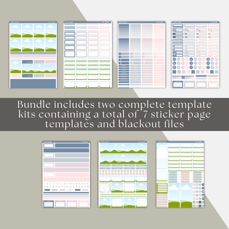 May include: A collection of seven sticker page templates in various designs, including landscape and calendar layouts. The templates feature pastel colors, with the text "Bundle includes two complete template kits containing a total of 7 sticker page templates and blackout files."