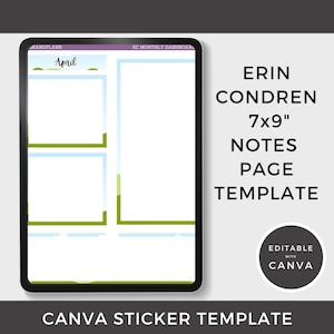 Puede incluir: Plantilla de planificador digital con borde negro. La plantilla incluye secciones para notas y un panel mensual. El texto de la plantilla incluye "April", "Erin Condren", "7x9" Notes Page Template" y "Canva Sticker Template".