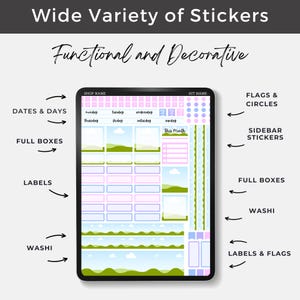 May include: A digital planner sticker set with a variety of stickers, including full boxes, labels, washi tape, and flags. The stickers are in pastel colors with landscape illustrations. Text on the image reads "Wide Variety of Stickers" and "Functional and Decorative."
