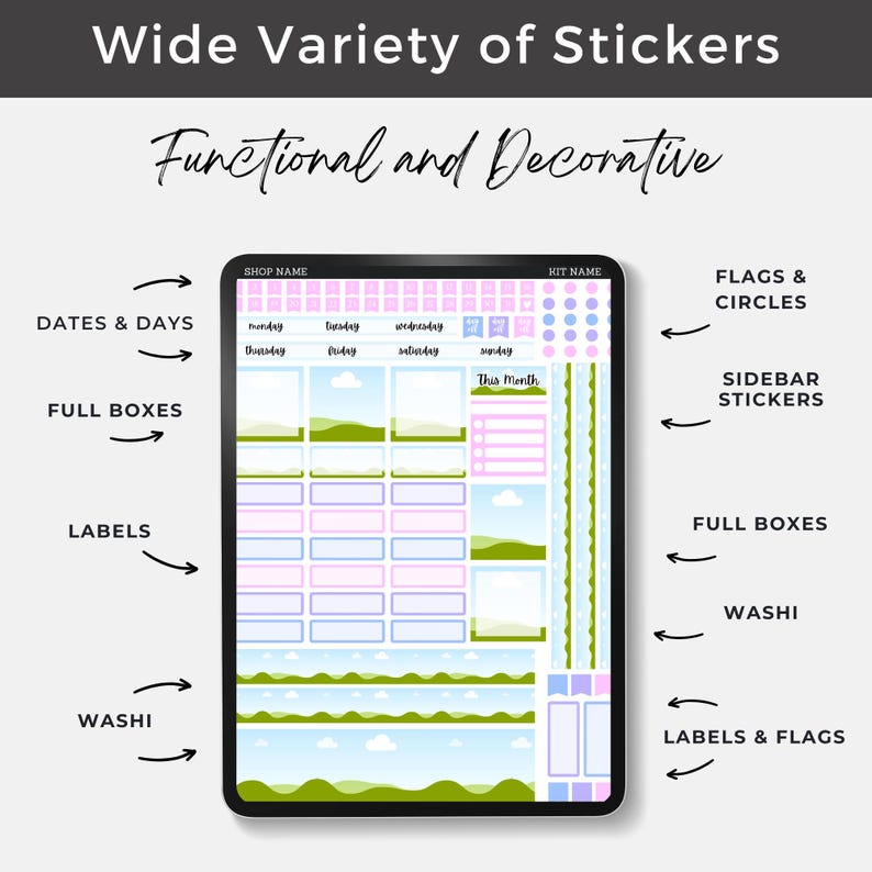 May include: A digital planner sticker set with a variety of stickers, including full boxes, labels, washi tape, and flags. The stickers are in pastel colors with landscape illustrations. Text on the image reads "Wide Variety of Stickers" and "Functional and Decorative."