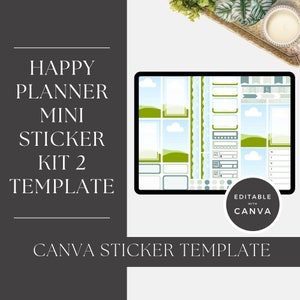 May include: A digital planner sticker kit template for Happy Planner mini. The template features a blue and green colour scheme with clouds, hills, and a weekly planner section. The template is editable with Canva.