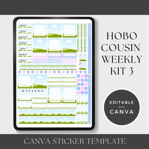 May include: A digital planner sticker template on a tablet. The design features a weekly layout with boxes, banners, and decorative elements in pastel colors. Text includes "Hobo Cousin Weekly Kit 3" and "Editable with Canva."