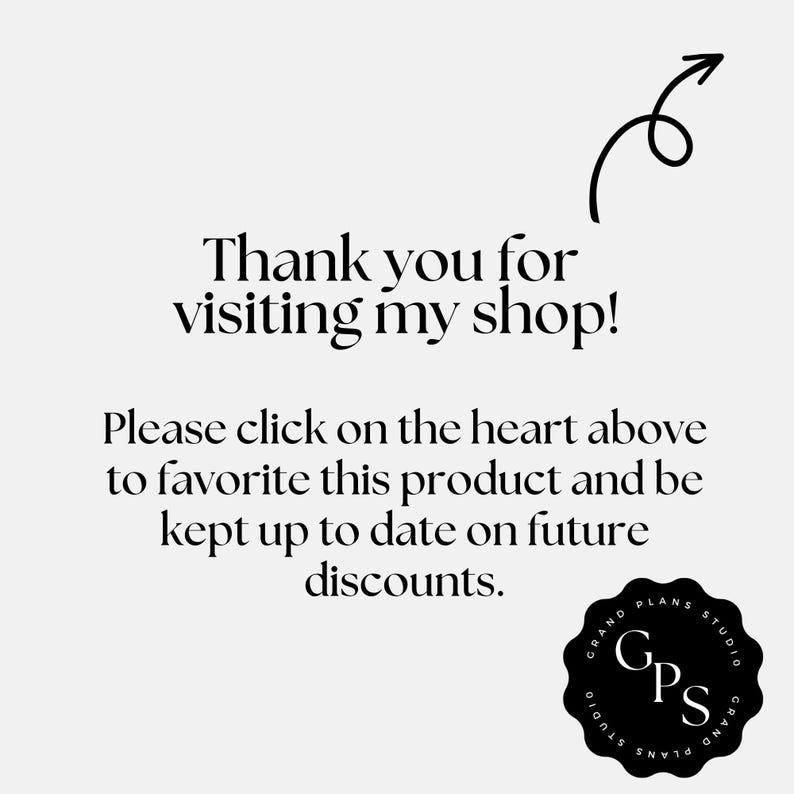 May include: A graphic with the text "Thank you for visiting my shop!" and a call to action to favorite the product for updates. Includes a black arrow and a circular logo with "GPS" in the center.