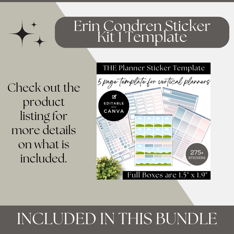 May include: A planner sticker template with the text "Erin Condren Sticker Kit 1 Template." The image includes a 5-page template for vertical planners, with full boxes measuring 1.5" x 1.9". The template is editable with Canva and includes over 275 stickers.