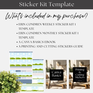 May include: A digital sticker kit template with the text "Sticker Kit Template" and "What's included in my purchase?" The kit includes Erin Condren sticker templates, a Canva basics ebook, and a printing and cutting stickers guide.
