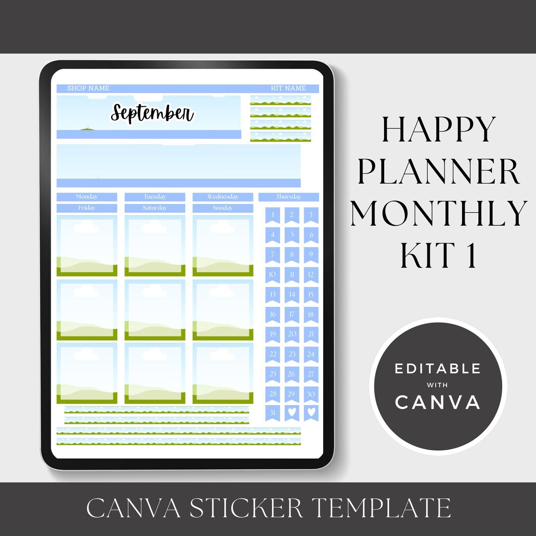 Happy Planner Monthly Sticker Kit 1 Template: Editable Canva Stickers