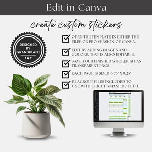 May include: Image promoting sticker creation in Canva. Text reads "Edit in Canva" and "create custom stickers." Includes a plant in a white pot, a computer monitor displaying a sticker template, and a graphic with instructions.