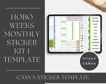 Hobo Weeks Monthly Sticker Kit 1 Template, Canva Template, Blackout Files for Cricut and Silhouette, Personal and Commercial Use