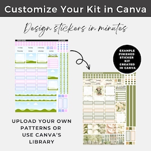 May include: A planner sticker kit design with a variety of elements, including boxes, banners, and decorative accents. The design features pastel colors, landscape illustrations, and the text "Design stickers in minutes" and "Customize Your Kit in Canva".