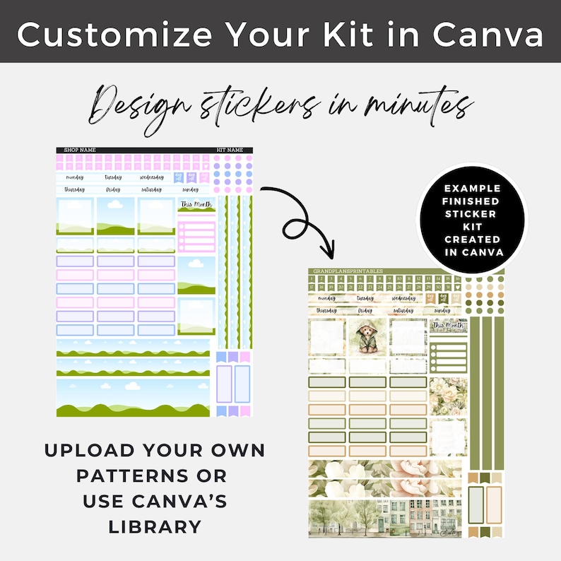 May include: A planner sticker kit design with a variety of elements, including boxes, banners, and decorative accents. The design features pastel colors, landscape illustrations, and the text "Design stickers in minutes" and "Customize Your Kit in Canva".