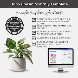 May include: A digital design template for creating custom stickers. The image includes a potted plant, a computer screen displaying a sticker design, and text that reads "create custom stickers." The template is sized at 6.75" x 9.25".