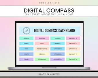 May include: A laptop screen displaying a Google Sheets Digital Compass dashboard with a compass icon and a grid of colorful rectangular buttons labeled with categories like Finances, Shopping, Vehicles, Family, Food, Holidays, Home, and Entertainment.