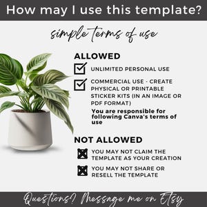 May include: A white ceramic pot with a green and white plant. Text on the image reads "How may I use this template?" and "simple terms of use". The image lists what is allowed and not allowed when using the template.