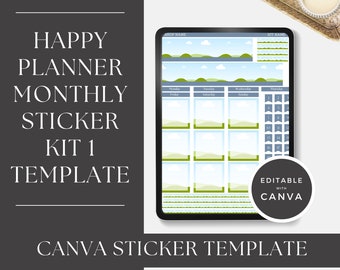 Happy Planner Monthly Sticker Kit Template, Canva Template, Editable Sticker Template, Blackout File for Cricut/Silhouette, Commercial Use