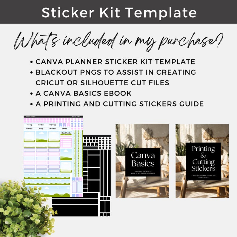May include: A digital sticker kit template with the text "Sticker Kit Template" and "What's included in my purchase?" The kit includes a Canva planner sticker kit template, PNGs, cut files, a Canva Basics ebook, and a printing guide.